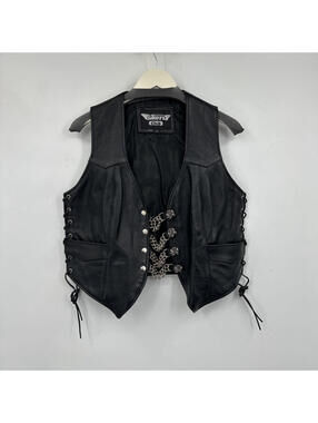 Women's Biker's Club Leather Vest Silver Rose Chain Closure Black Large